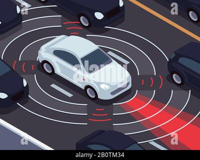 Vehicle autonomous driving technology. Car assistant and traffic monitoring system vector concept. Technology traffic vehicle, self-driving sensor for safety illustration Stock Vector