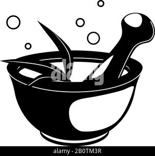 Glyph mortar and pestle icon. Spa, wellness, chemistry, pharmaceutical black silhouette for social media design. Nature Health care Vector isolated object white background. Cosmetic symbol. Stock Vector