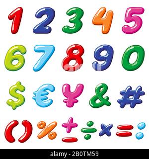 Vector rainbow candy numbers and glossy funny cartoon children alphabet symbols. Cartoon number font colorful for education children illustration Stock Vector