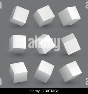 Isolated 3d cubics. White geometric cubes or block box shapes with shadows vector set Stock Vector