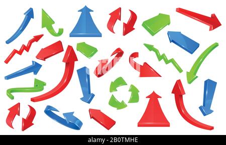 Multicolored 3d glossy arrows. Pointing signs vector set of direction colored arrow illustration Stock Vector