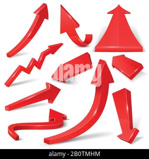 Glossy red 3d arrows isolated on white vector set. Arrow web curve direction illustration Stock Vector