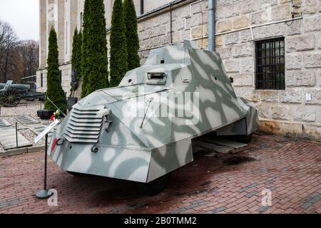 Kubuś is a Polish improvised fighting vehicle at Museum of the Polish Army ('Muzeum Wojska Polskiego') open-air exhibit of heavy military equipment. Stock Photo