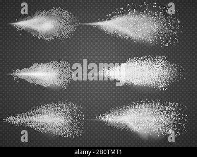 Deodorant atomizer fog vector set. Water aerosol spray mist isolated. Water and perfume sprays on transparent background Stock Vector