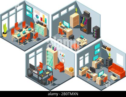 Isometric business offices with different workspaces. 3d vector office plan. Isometric office with room interior illustration Stock Vector
