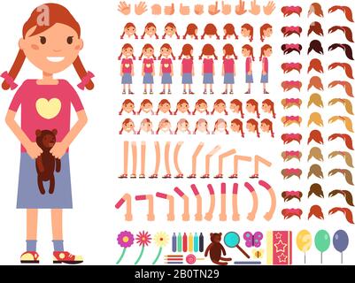 Cartoon cute little girl character. Vector creation constructor with different emotions and body parts. Female emotion and creation body constructor, gesture and pose illustration Stock Vector