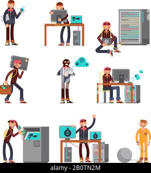 Criminal hackers breaking computer bank accounts. Finance and internet security protection icons with cartoon thief characters. Criminal computer hacker in bank hacking illustration Stock Vector