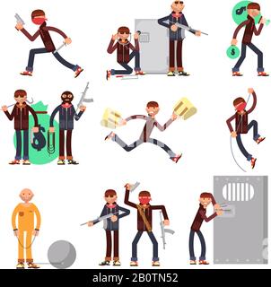 Criminal offender in different actions vector set. Burglar and thief cartoon characters. Illustration of crime, robber with money bag Stock Vector