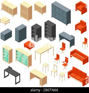 Isometric 3d office furniture isolated. Interior elements vector set. Furniture for interior room office, table and armchair illustration Stock Vector