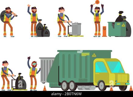Garbage man collecting city rubbish and waste for recycling. Vector set of people collect dumpster city illustration Stock Vector