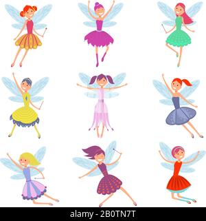 Cartoon flying fairies in colorful dresses vector set. Cute fairy elf with winds vector collection. Fantasy fairy girl with wings illustration Stock Vector