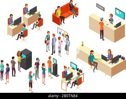 Isometric bank clients and employees for 3d banking services vector concept. Interior bank with client and department service illustration Stock Vector
