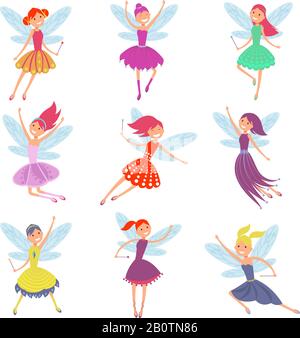 Flying fairy girls with angle wings vector characters set. Girl with wings cartoon illustration Stock Vector