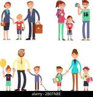 Kids and parents in happy family. Mom, dad and children vector flat characters set. Happy family man woman with boy and girl illustration Stock Vector