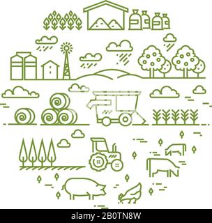 Rural landscape and agriculture farming thin line icons. Farm round badge with chicken and agriculture illustration Stock Vector