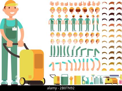 Professional man cleaner in cleaning service uniform. Vector creation constructor with big set of body parts and hand gestures. Character guy with vacuum illustration Stock Vector