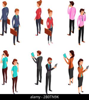 Man and woman businessman. Isometric 3d standing young female and male office persons. Vector characters isometric, young people illustration Stock Vector