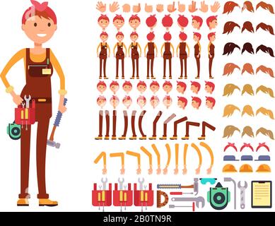 Female technician cartoon vector character. Woman mechanic in jumpsuit creation constructor with body parts for different poses. Woman character mechanic construction illustration Stock Vector