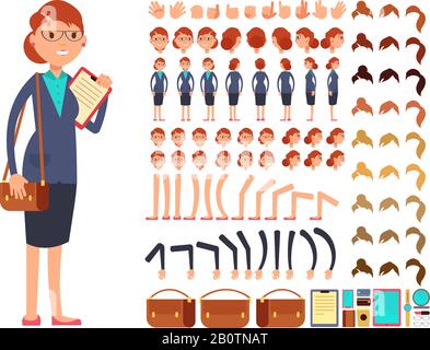 Cartoon flat businesswoman vector character constructor with set of body parts and different hand gestures. Businesswoman constructor face and wear, hand and leg illustration Stock Vector