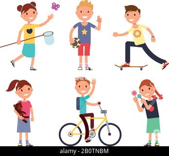 Playing children with toys. Happy kids in playground vector set. Play happy child, cartoon character boy illustration Stock Vector