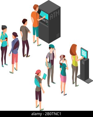 Row of waiting people at atm payment machine and terminal. 3d isometric banking and finance vector concept. Atm machine and queue people to terminal bank illustration Stock Vector