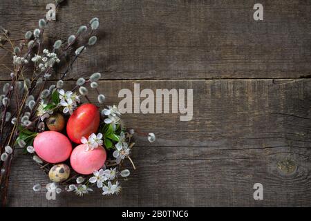 easter, easter eggs in basket, panorama paint, april, art, banner, beautiful, blossom, pink, bunny, card, celebration, color, colorful, composition, c Stock Photo
