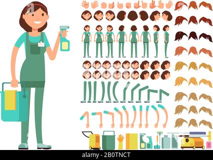 Cleaning company employee. Woman cleaner vector character. Creation constructor with big set of body parts for animation. Workwear worker, leg and arm gesture illustration Stock Vector