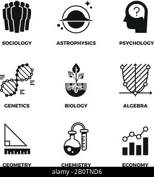 Science vector icons set. Genetics and economy, algebra and chemistry. Geometry and biology, psychology and astrophysics, sociology symbols. Monochrome illustration sign of science discipline Stock Vector