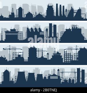 Industrial vector skylines. Modern factory and works building silhouettes. Urban industry factory and plant structure illustration Stock Vector