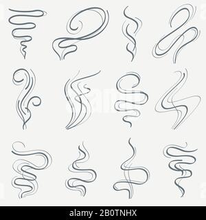 Aroma and smoke line stream. Smell linear trails vector set. Steam fragrance from cigarette, smokestack trail illustration Stock Vector