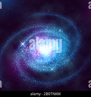 Spiral galaxy in outer space with starry blue sky vector illustration. Spiral galaxy in night starry sky Stock Vector