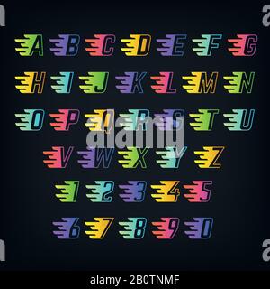 Energy color alphabet. Letters with speed lines. Graffiti or sports vector font. Alphabet with speed effect, lettering alphabetical illustration Stock Vector