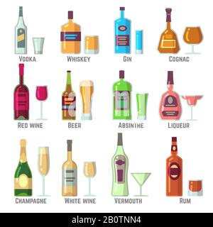 Alcoholic drinks in bottles and glasses flat vector icons set. Alcohol drink beverage illustration Stock Vector