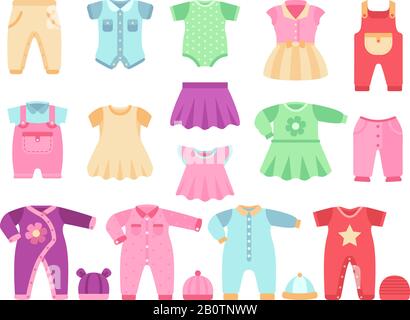 Colorful baby girl clothes vector set. Cloth for little girl baby illustration Stock Vector