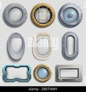 Various portholes isolated vector set. Submarine, airplane and ship window. Glass portholes aircraft and ship illustration Stock Vector