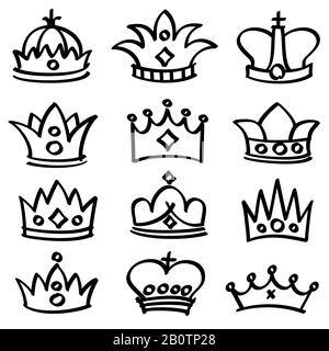 Luxury doodle queen crowns vector sketch collection. King crown and imperial doodle crown illustration Stock Vector