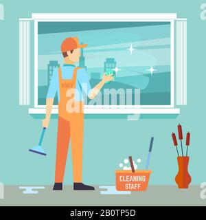 Flat man washes window - cleaning man vector character. Man cleaner work with brush illustration Stock Vector