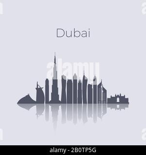 Dubai city modern buildings silhouette vector skyline. Uae emirates landmark cityscape. Building cityscape architecture, illustration of uae city silhouette Stock Vector