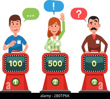 Characters answer test question on intellect show. Pressing button and answering quiz questions. Game competition vector illustration Stock Vector