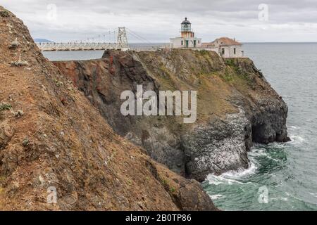 Point Bonita Lighthouse sits on the San Francisco Bay entrance of Marin Headlands near Sausalito. Open to the public on Sundays and Mondays from 12:30 Stock Photo