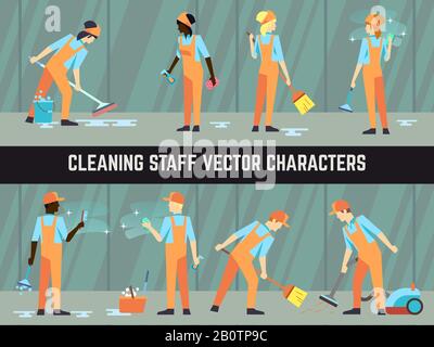 International cleaning staff - cleaning women and men vector characters illustration Stock Vector