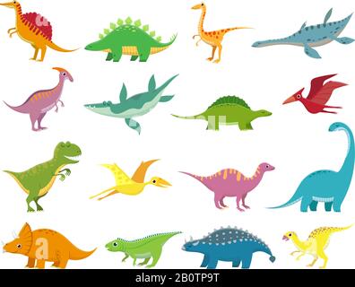 Adorable smiling dinosaurs. Cute baby stegosaurus dinosaur. Prehistoric cartoon animals of jurassic era isolated vector set Stock Vector