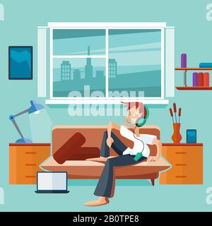 Flat interior with man on sofa - teenager listen musc in the room. Vector illustration Stock Vector