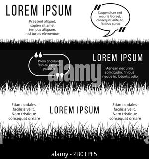 Minimalistic banners template with black and white grass silhouettes. Monochrome graphic grass abstract vector illustration Stock Vector