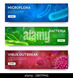 Microbiology 3d background. Viruses, infection and bacteria for banners. Virus bacterium science isolated banner set Stock Vector