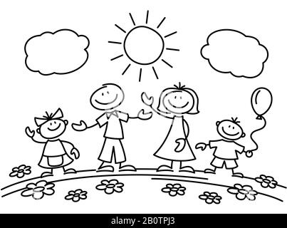 Hand drawn stick figure happy family. Drawing sketch family parents with children. Vector illustration Stock Vector