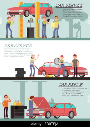 Car services and auto garag vector marketing banners with cartoon mechanic worker. Car service and tire service, repair transport maintenance illustration Stock Vector