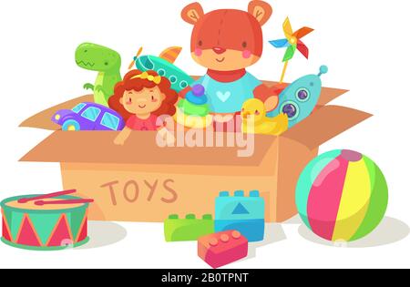 Cartoon kids toys in cardboard toy box. Children holiday gift boxes with child playthings. Plaything vector illustration Stock Vector