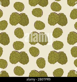Green hop seamless pattern design - vintage texture with hand drawn hops. Vintage floral wallpaper, vector illustration Stock Vector