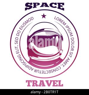 Colorful space travel label design with astronaut in spacesuit isolated on white background. Vector illustration Stock Vector